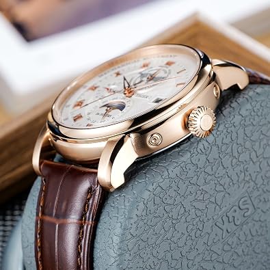 REEF TIGER Brand Moonphase Leather Automatic Watch Mens Complete Calendar Luminous Transparent Mechanical Wristwatch RGA1963