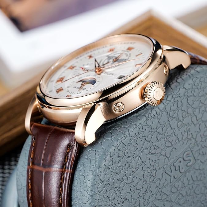 REEF TIGER Brand Moonphase Leather Automatic Watch Mens Complete Calendar Luminous Transparent Mechanical Wristwatch RGA1963