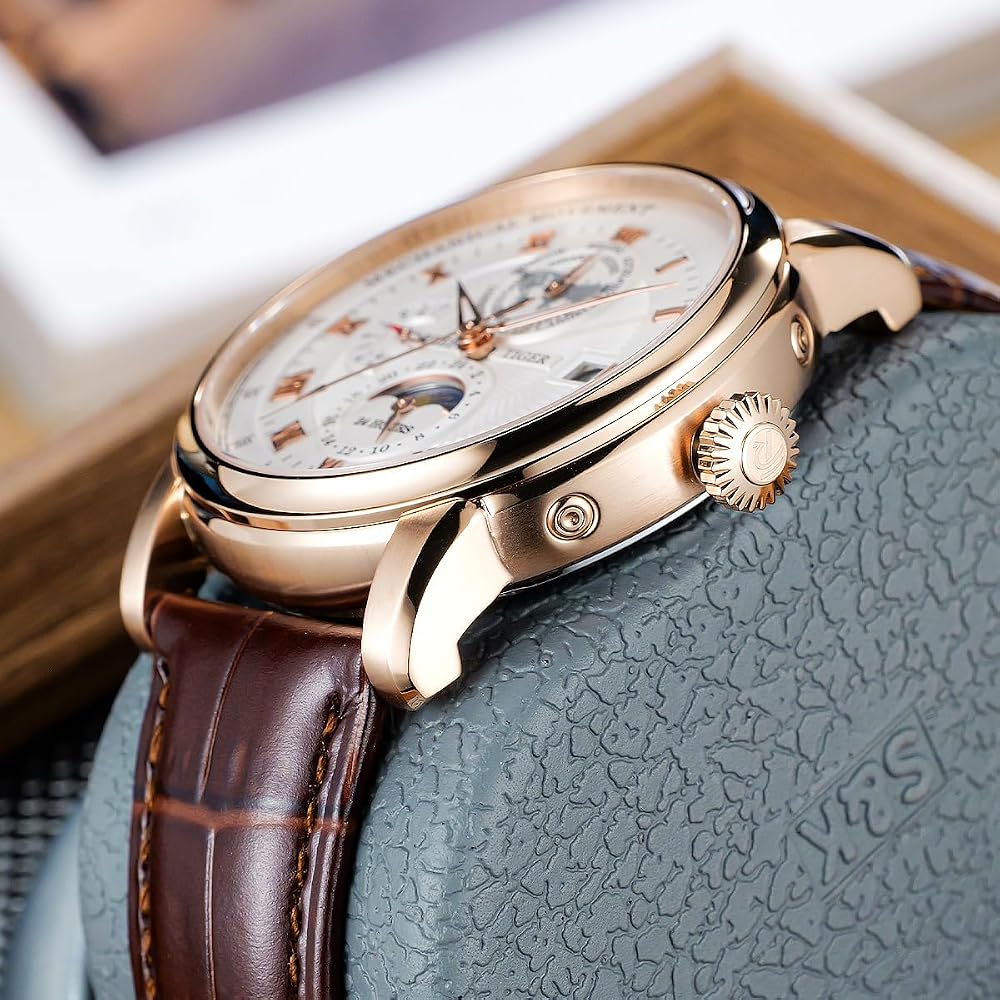 Amazon.com: REEF TIGER Brand Moonphase Leather Automatic Watch