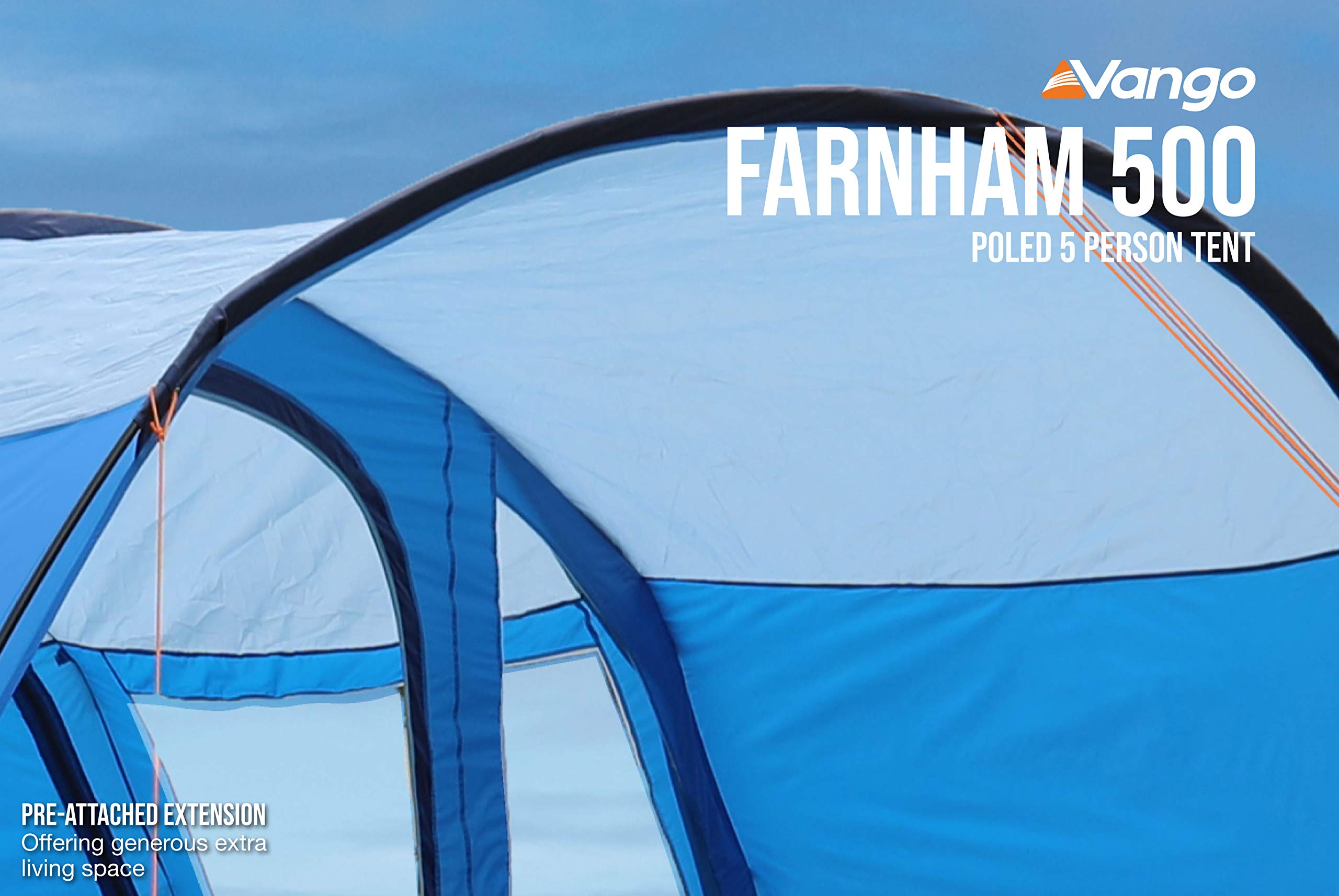 Vango Farnham 500 namiot tunelowy, ekskluzywny dla 5 osób, rodzinny namiot kempingowy z dołączoną werandą słoneczną i wszytą podkładką dla 5 osób, niebieski