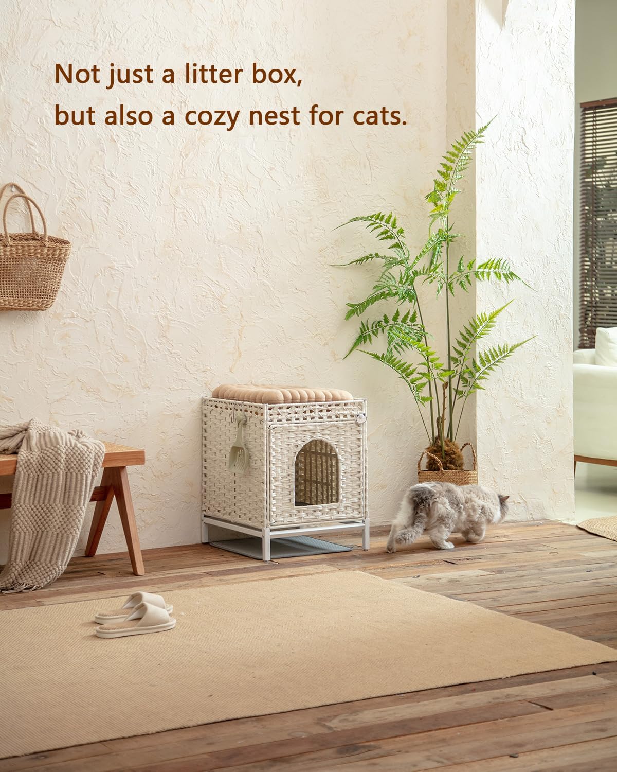Cat Litter Box Enclosure; Handwoven Rattan Cat House with Metal Heightened Feet; 18.520.423.2 Inches; Living Room, Bedroom (White)