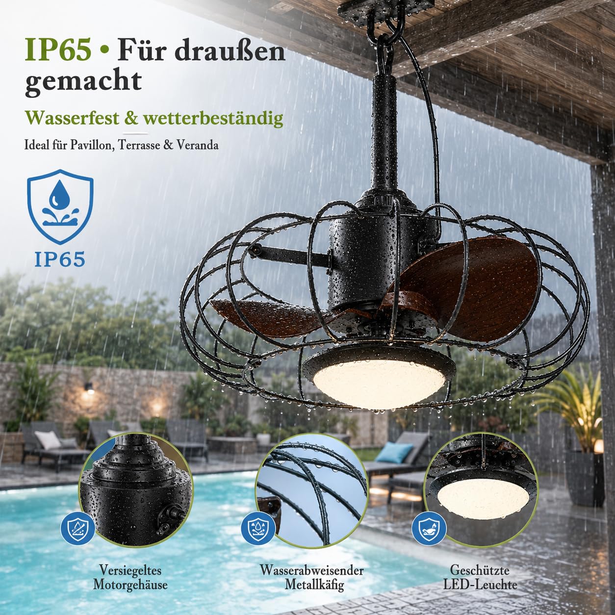 Outdoor Deckenventilator mit Beleuchtung & IP65 Wasserdicht, Fernbedienung | Deckenventilator mit Licht, Timer, Dimmbar 6 Geschwindigkeiten mit App-Steuerung, Perfekt für Pavillon, Terrasse & Veranda