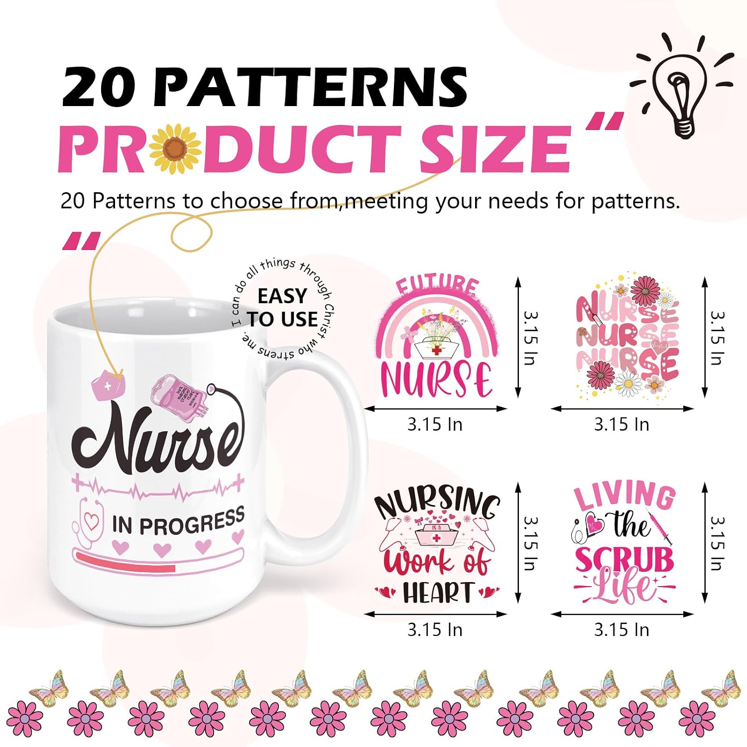 AFRITEE Nurse UV DTF Stickers - 20 Sheets Cute Nurse Vibes Uvdtf Cup Wraps for 16 20 oz Glass Coffee Mug, Pink RN Flowers Transfer Sticker Decal DIY Water Bottle Bumper Diary Creative Decoration
