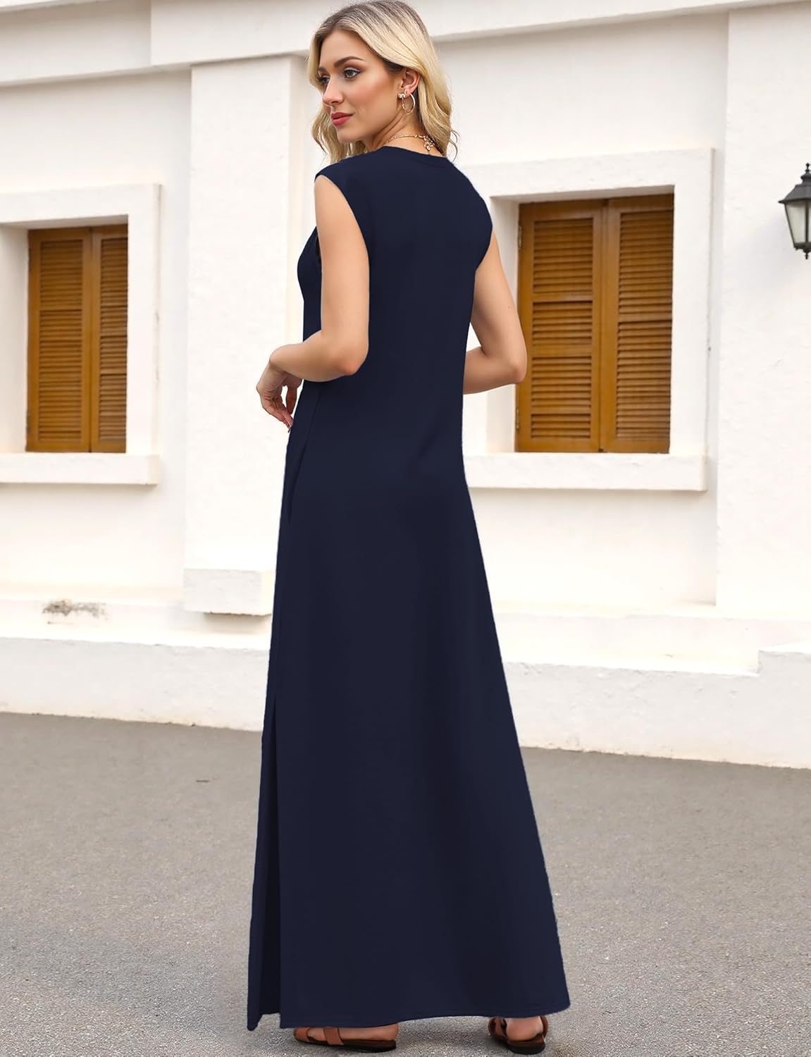 Maxi Dresses for Women Round Neck Loose Casual Maxi Sundresses with Sleeves Casual Summer Split Dress with Pockets Navy Blue - Image 4