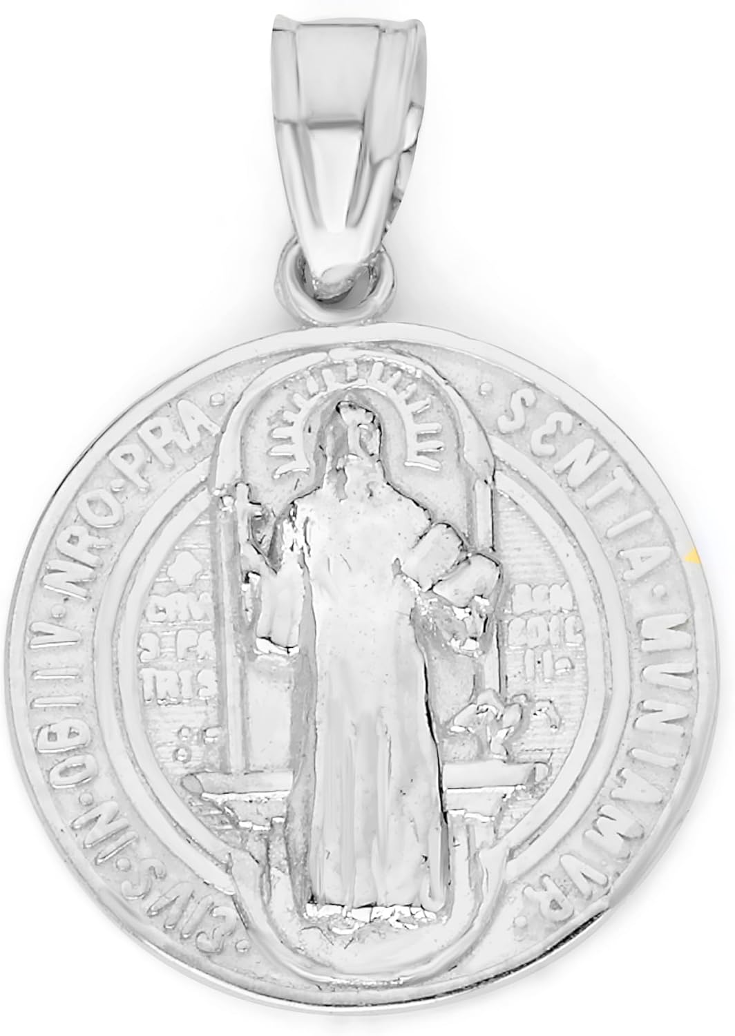 Solid 14k White Gold Saint Benedict Pendant - Double Sided Religious Medal