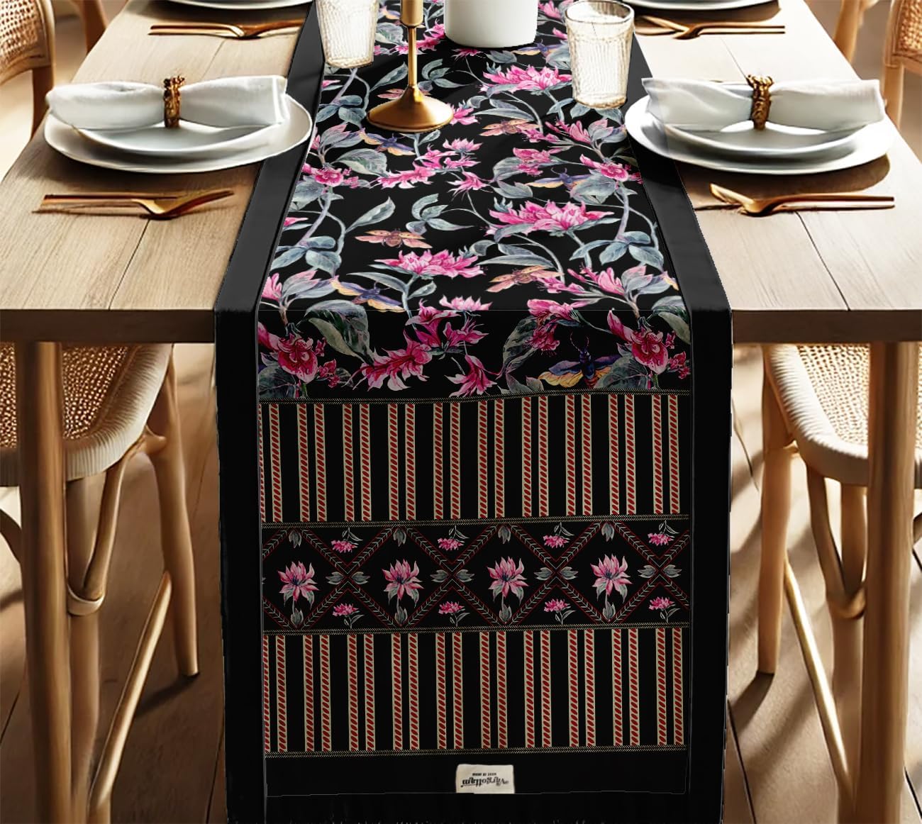100% Cotton Table Runner - Double Layered with Side Borders - Table Linen - Floral Print for Dining, Console & Coffee Tables