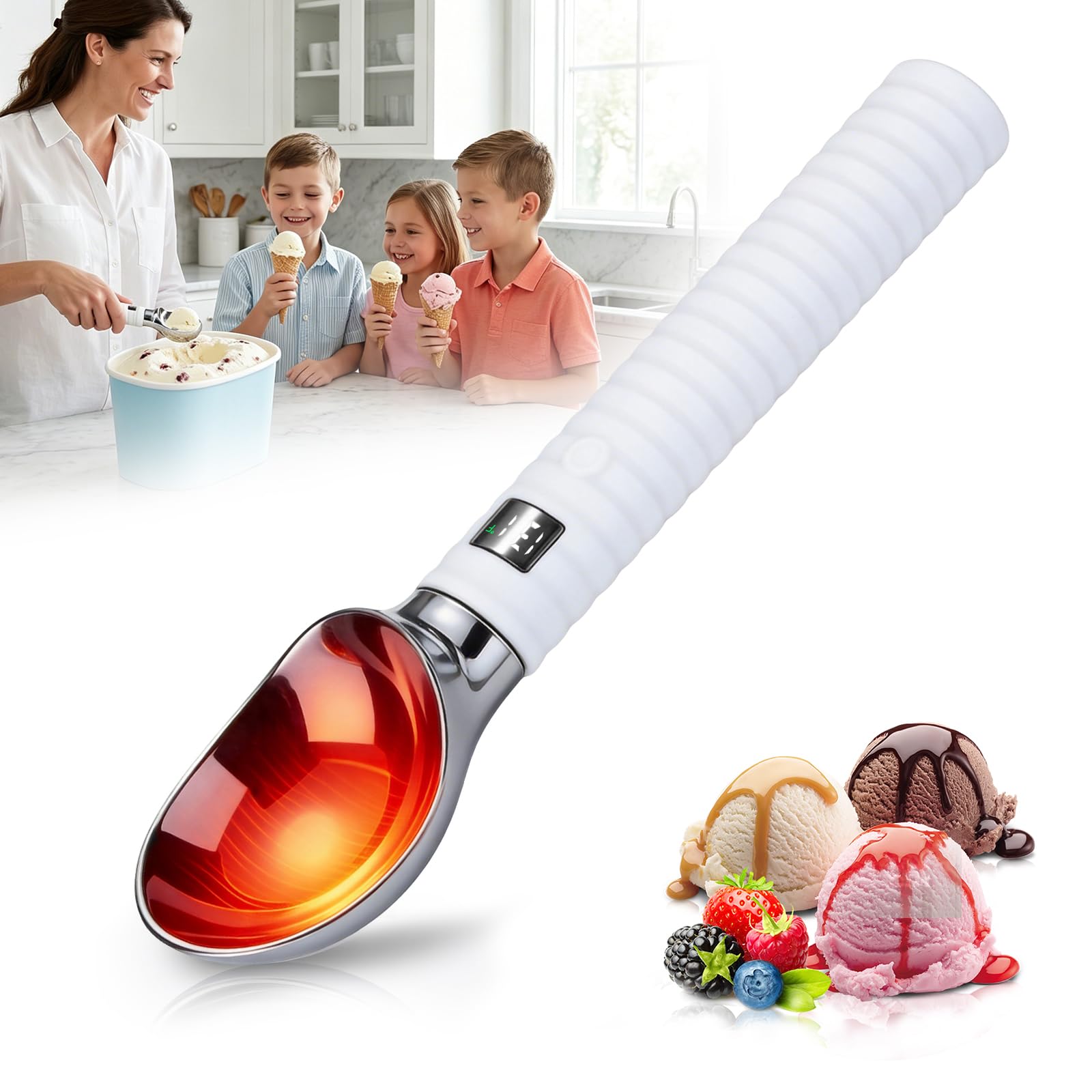 Paletta per Gelato Riscaldata,Cucchiaio per Gelato Riscaldabile Elettrico con 2 Livelli di Calore 55/70°C Display LED Porzionatore per Gelato Riscaldato per Gelato Duro Artigianale,Impermeabile IP68