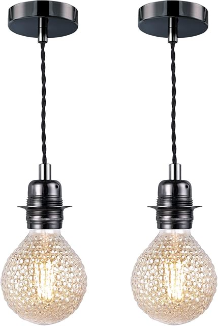 Black Ceiling Rose Vintage Pendant Light Fitting,E27 Lamp Holder Suspension Twisted Braided Cable(2PACK)