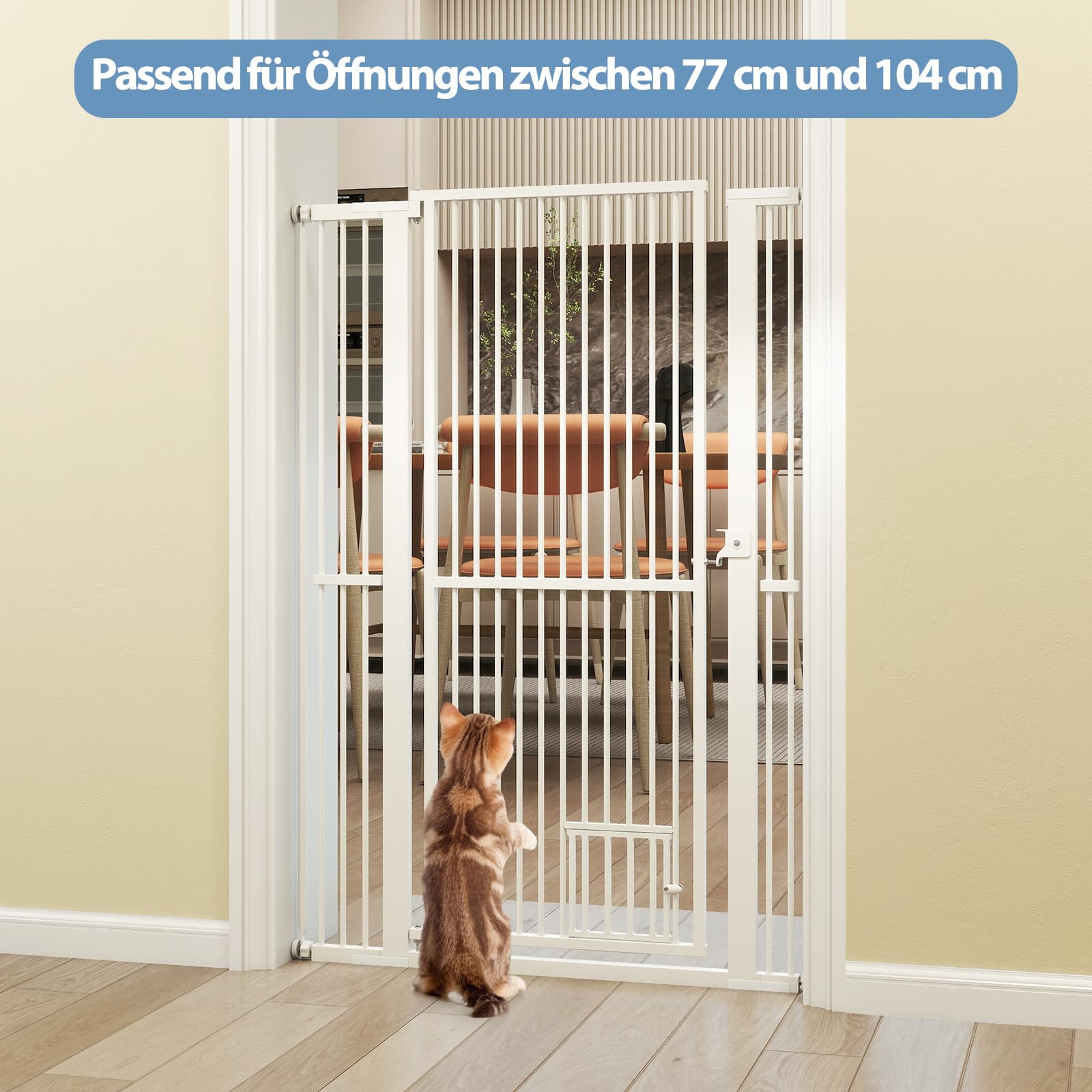 COSTWAY Türschutzgitter Hunde, Absperrgitter ganz hoch, 77-104 cm x 150 cm, Schutzgitter mit Kleiner Tür, 2 Erweiterungen, Türgitter ohne Bohren, Hundegitter ausziehbar, Sicherheitsgitter Metall, Weiß