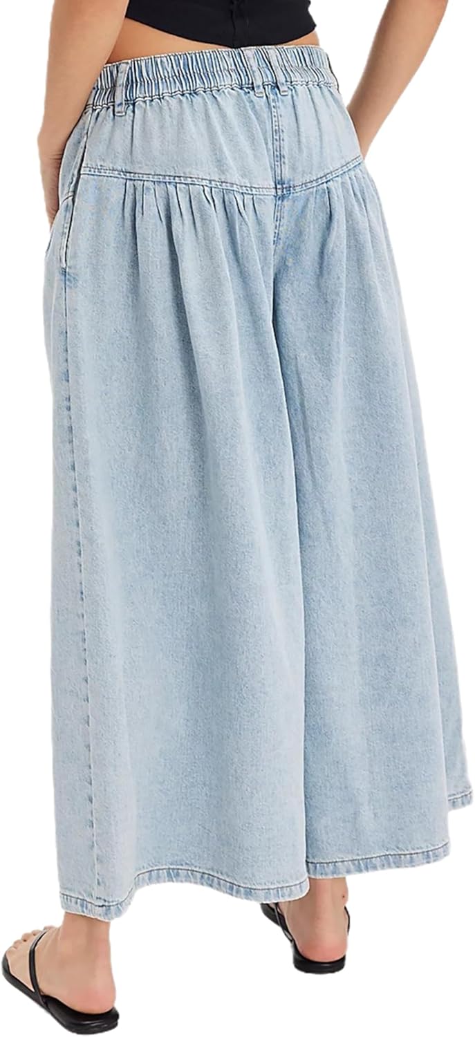 Women's Pleated Baggy Wide Leg Jeans Casual Back Elastic Button-Fly Pleated Denim Pants with Pockets