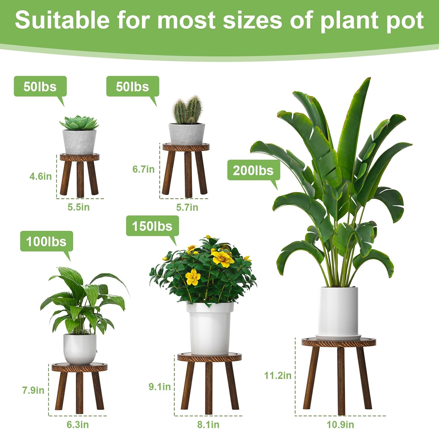 5-Pack Wood Plant Stands Indoor, Single Plant Stand for 6-12 Inch Pots, Mid-Century Modern Plant Stool, Tall Plant Stand for Large Plants for Living Room, Balcony, Office (Dark Brown)