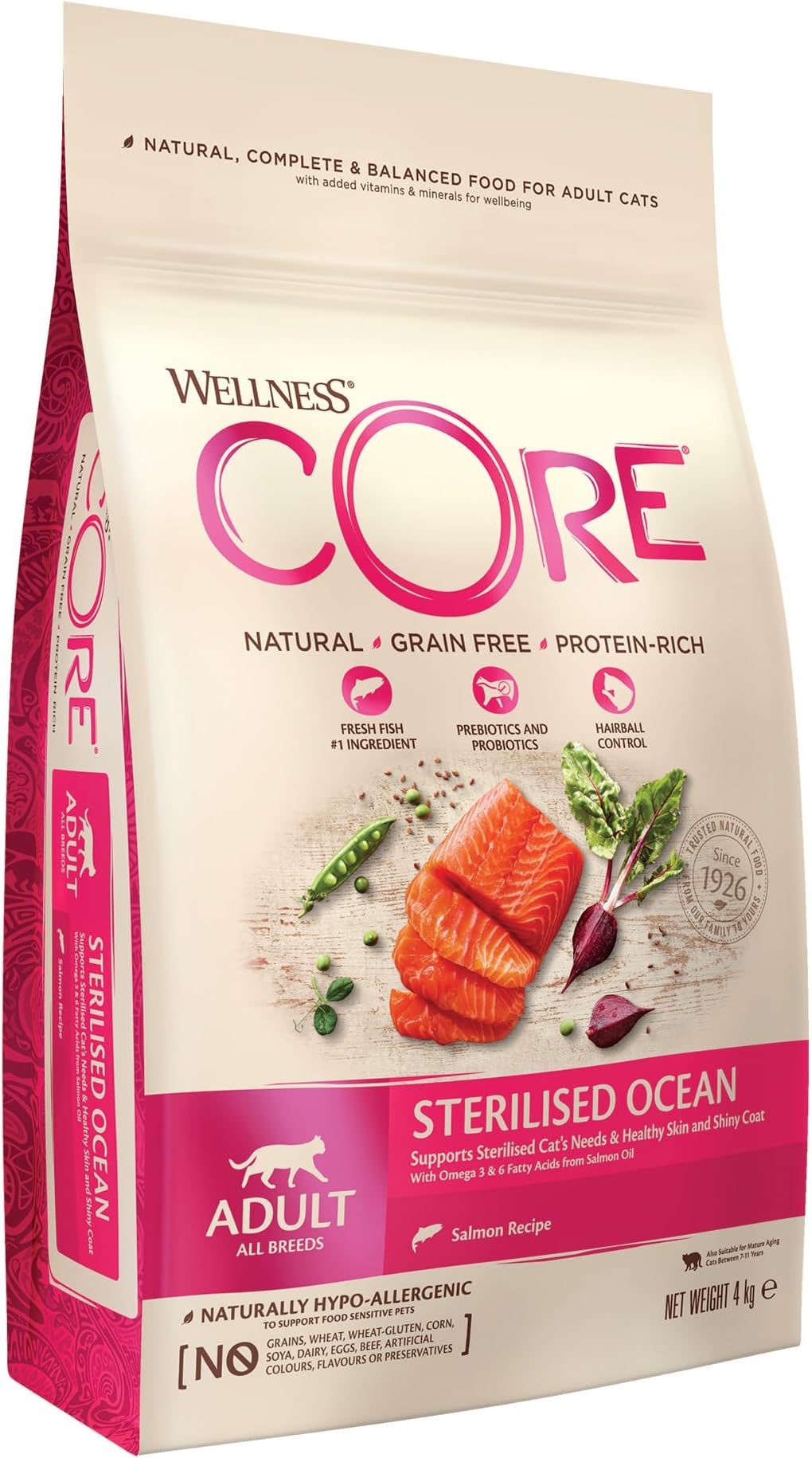 Sterilised Ocean 4 kg, Salmon โ Dry Cat Food for Sterlised/Indoor Cats, Grain-Free, Natural, Hypoallergenic, Protein-Rich, High Fish Content, Supports Healthy Skin & Shiny Coat
