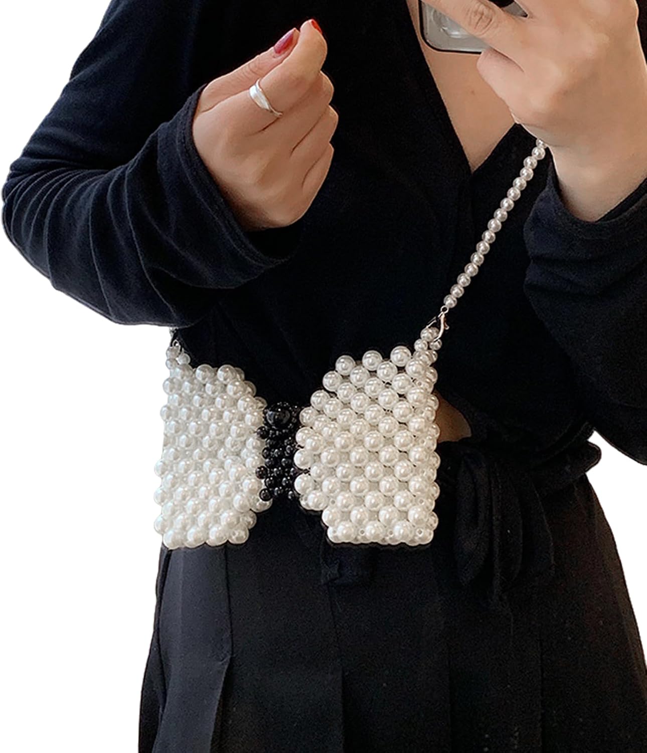 Girls Mini White Pearl Purse Handbag Butterfly Satchel Shoulder Bag Beaded Clutch Evening Bag for Women