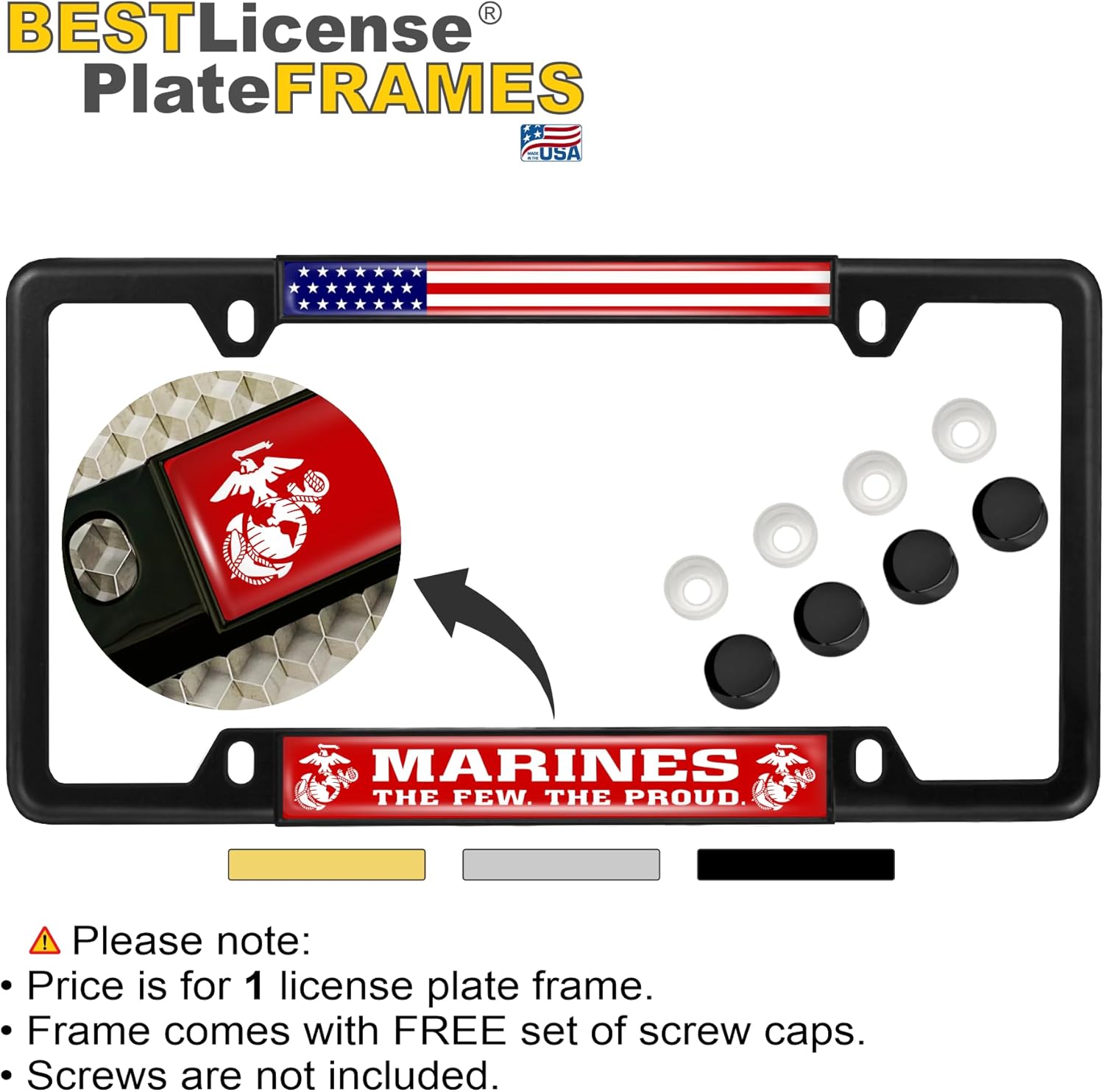 [Officially Licensed USMC Product] - Marines. The Few. The Proud. - Domed Custom-Made Personalized Narrow (Thin) Top 4 Hole Metal Car License Plate Frame with Free caps - Black (Qty: 1 Frame)