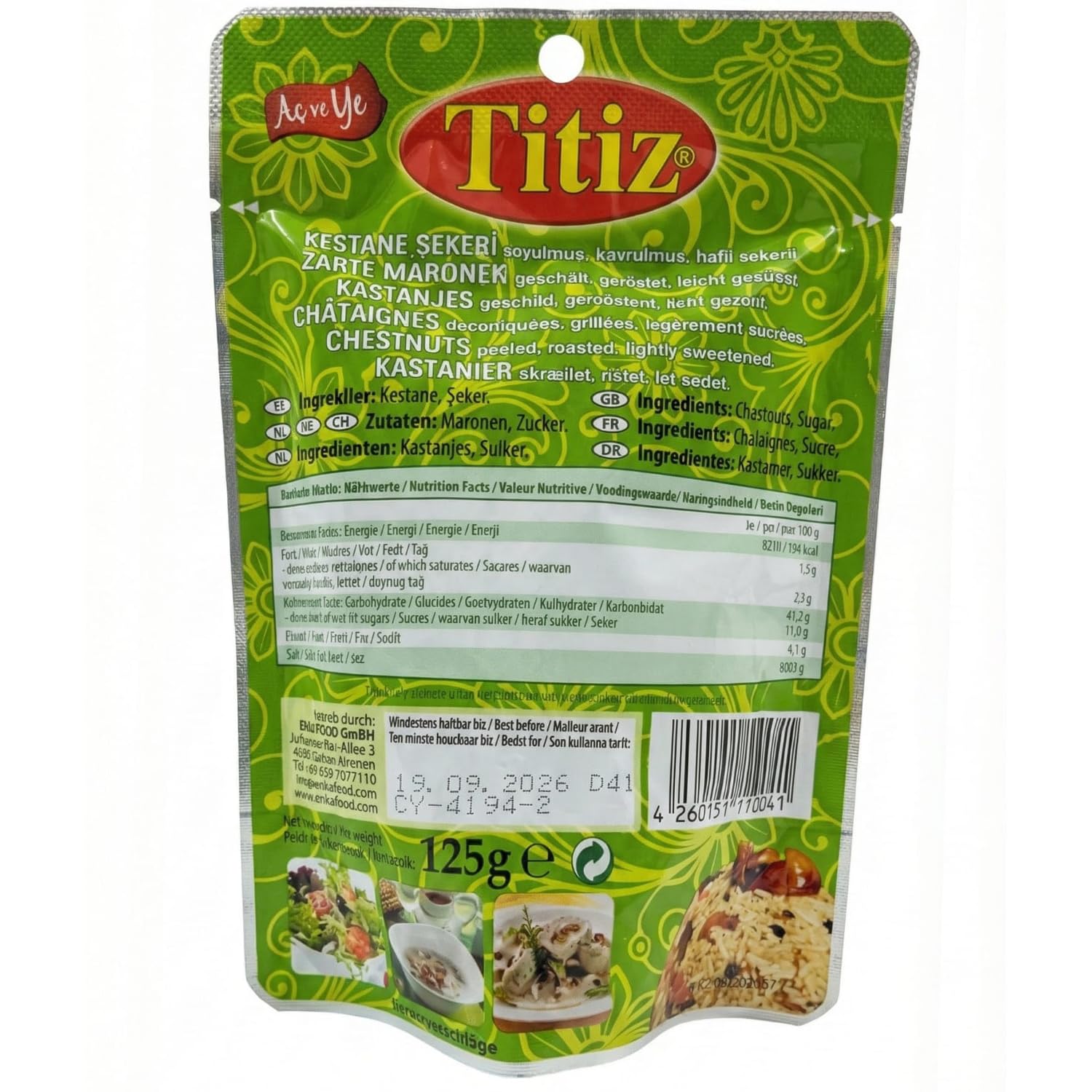 Titiz Zarte Maronen Leicht Gesüßt Vorteilspack 18x125g, Hohe Ballaststoffe & Natürliche Energie, 100% Vegan