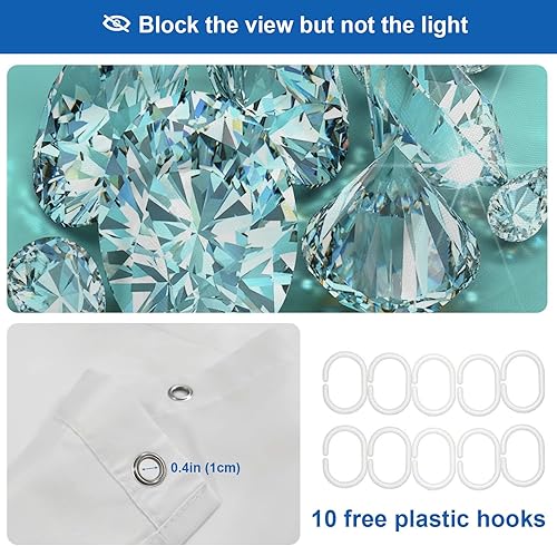 Vista 32 de Shrahala Brilliant Round Brilliants - Cortina de ducha decorativa con diamantes, azul turquesa, decoración de baño, fibra de poliéster, impermeable