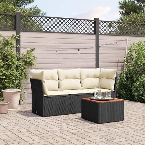 Garden Sofa Set Black and Cream White, Synthetic Poly Rattan,