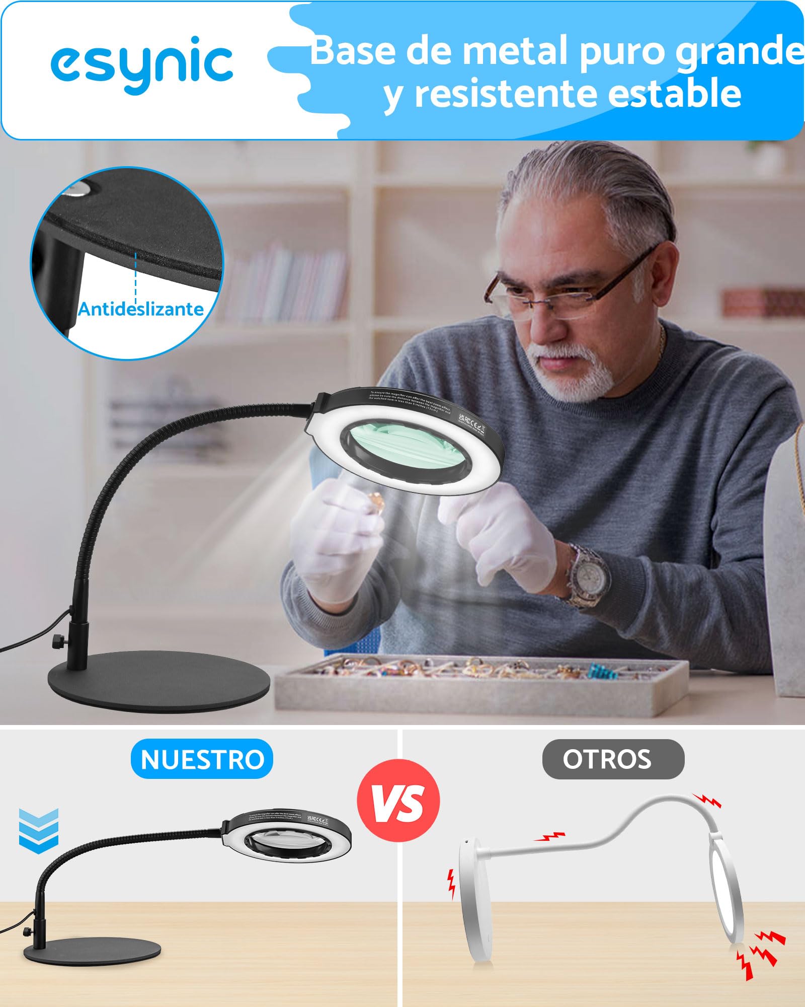 eSynic Lupa con Luz LED 8X Profesional Lámpara de Mesa con 72 LED Ajustables, 10 Niveles de Brillo + 5 Temperaturas de Color, Base de Metal Pesado y Brazo Flexible de 35cm para Lectura/Manualidades