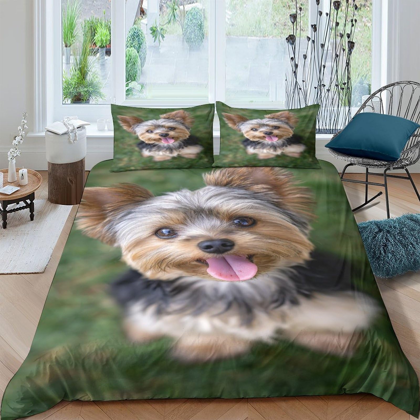 Housse de couette Yorkshire 3D en microfibre 135x200 cm avec taie d'oreiller pour lit simple