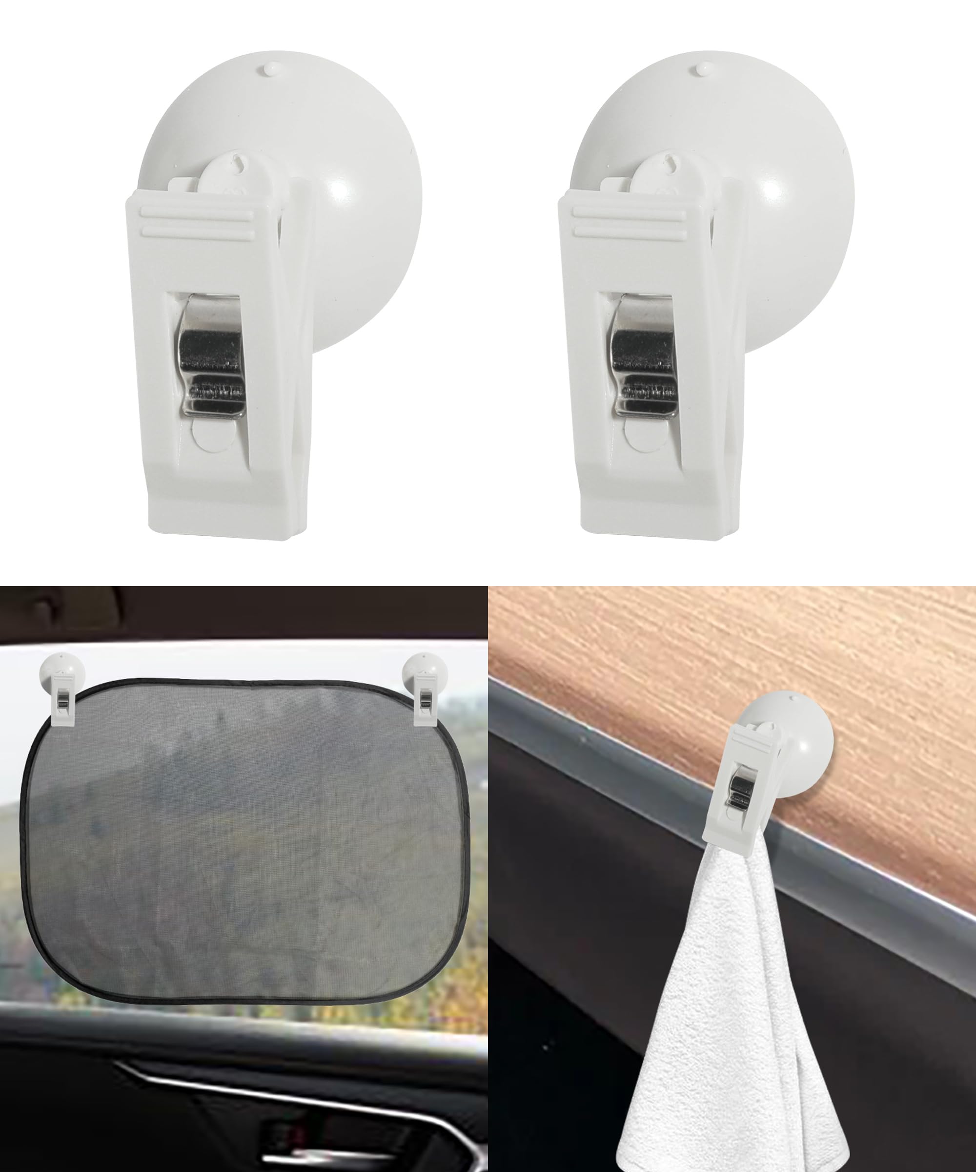RACOONA 2PCS Suction Cup Clips,Suction Cup Card Bill Clip,Car Accessories Suction Cup Clamp,Car Sun Shade Window Strong Metal Holder,Car Card Suction Cup Holder for Car Sun Shade Cloth (White)