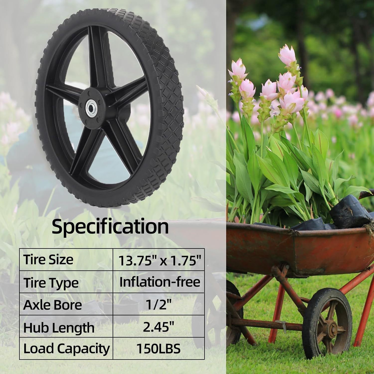 GICOOL 14 x 1.75'' Spoked Plastic Wheel and Tire, 2.45" Hub Length, 1/2" Inside Bearing, Universal Replacement Wheel for Lawn Mowers and DIY Trolley Wagon Cart, 2 Pack