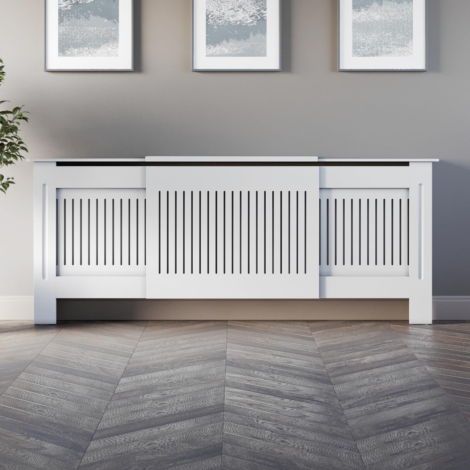 DuraTherm® Radiator Cover White Painted Modern Vertical Slat Shelves MDF Cabinet Shelf for Radiators, Living Rooms, Bedrooms, Adjustable