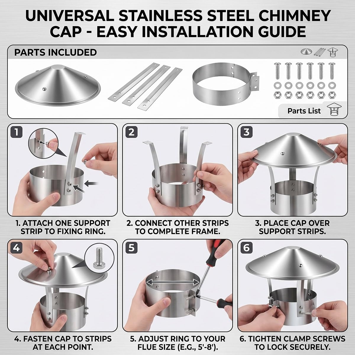 Copertura Per Camino Comignolo Antipioggia Cappuccio Acciaio Inox Tetto Sfiato Aria Canna Fumaria Scarico Fumi Stufa Legna Caldaia Cappello Esterno Resistente Alle Intemperie(220mm)