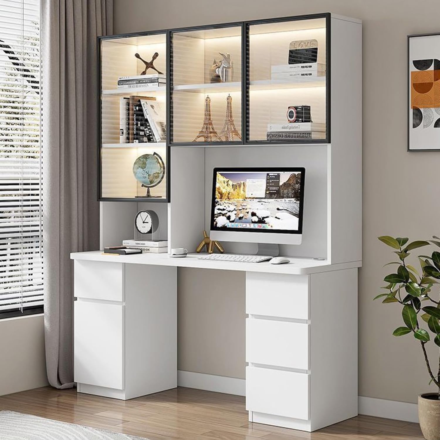 Wdsopk White Computer Desk Home Office Desk Home Office Desk With Drawers, Computer Desk With Glass Door Modern Study Writing Desk For Study Play Work Bedroom Home Office（-100Cm）