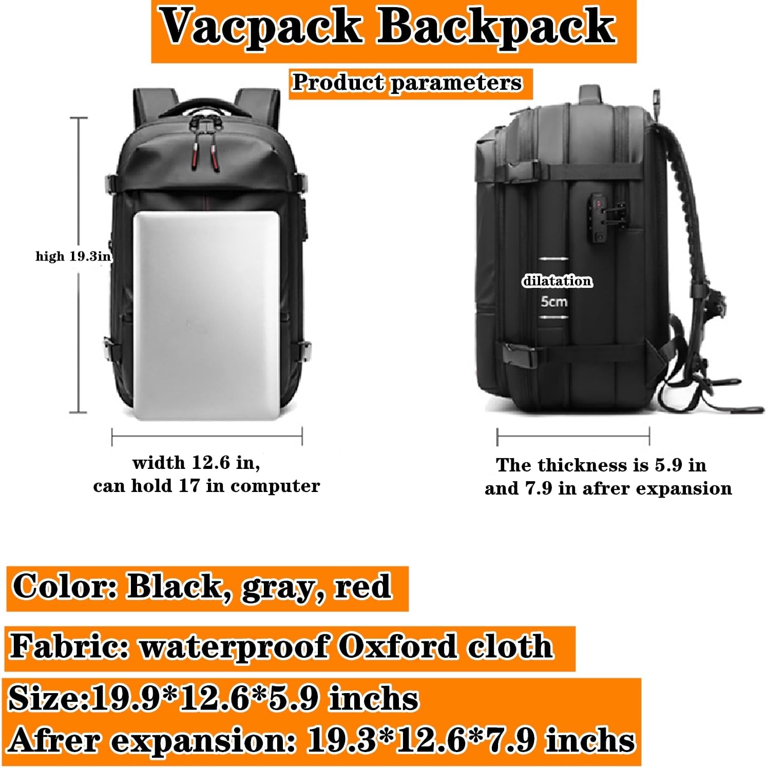 Vacpack Backpack, 60L Expandable Vacuum Travel Backpack, Water Resistant, Anti Theft, Gray
