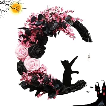 GLLBTPT Halloween Black Moon Cat Wreath Signs for Front Door with Lights,Handcrafted Halloween Horror Wreath for Indoor Outdoor Party Window Wall Decor Farmhouse Garland Yard Design G