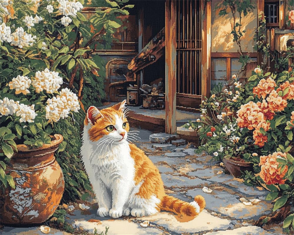 Henypt Advanced 11Ct Embroidery Courtyard Cat Cross Stich Kit Adults Beginners,Stamped Cross Stitch Kits,Christmas,Birthday Gifts Needlework Kit