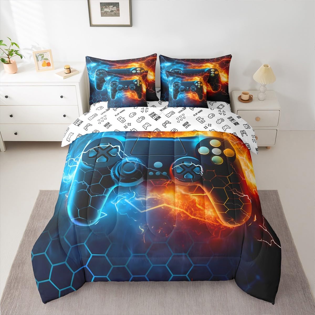 Feelyou Gamer 7 Pieces Bedding Set Queen, Gaming Comforter Set with Sheets for Kids Boys Girls Light Gamer Bed in A Bag Game Room Decor Bed Set 7Pcs
