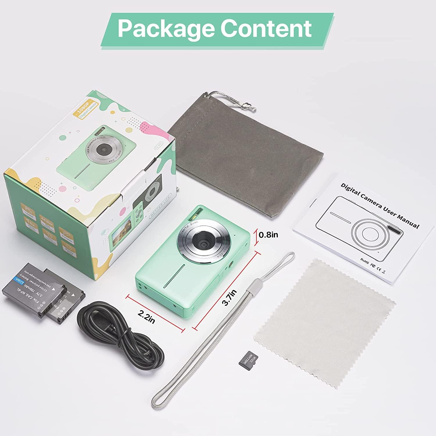 Digitale camera met 32G micro-geheugenkaart, 1080P compactcamera, 44MP camera, HD vlogging-camera, draagbare minicamera met 2,5 inch LCD-scherm en 2 batterijen voor meisjes, jongens, beginners, groen