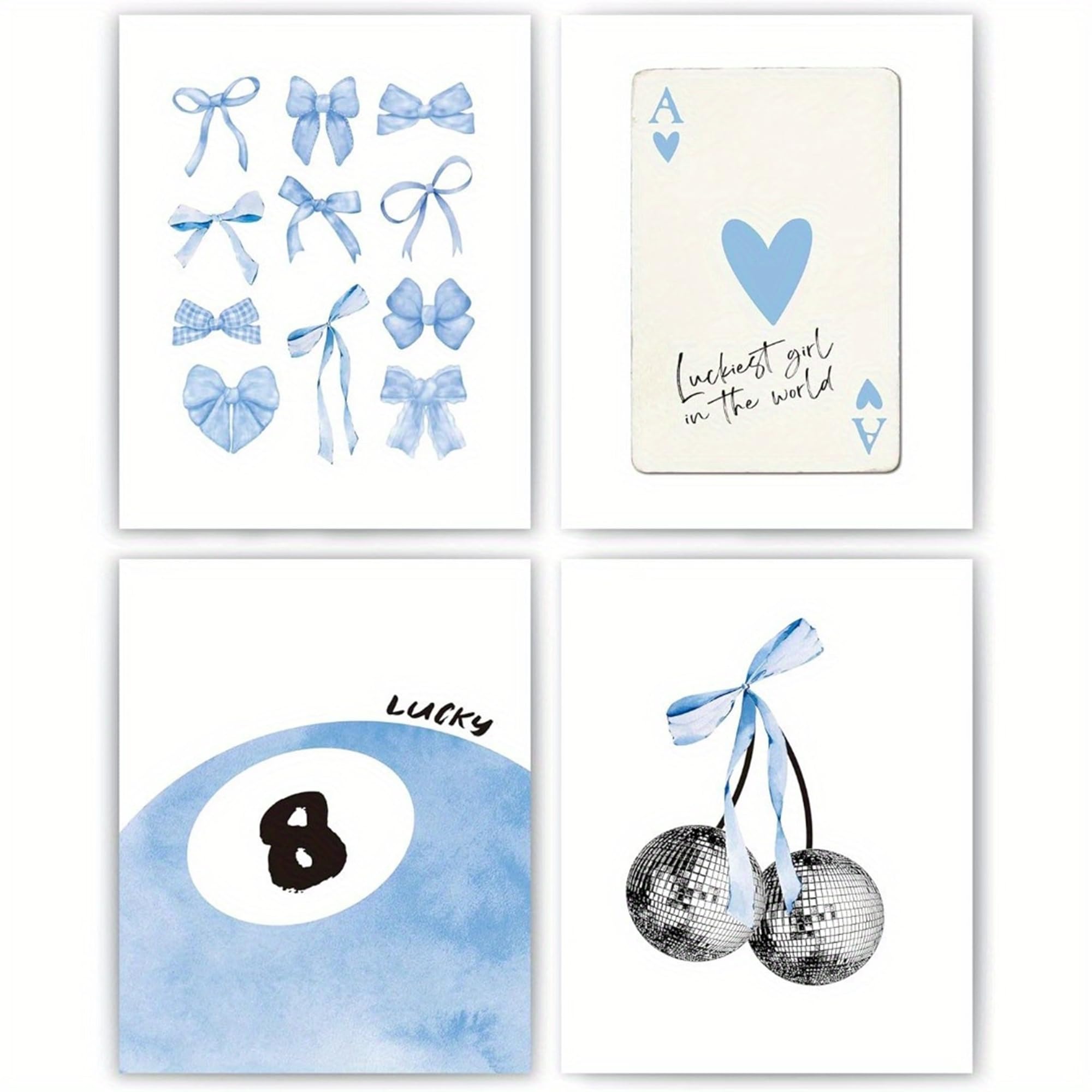 DWUENT Preppy Room Decor,Aesthetic Wall Art,Cute Girls Bedroom Posters Blue Lucky Theme Canvas Prints Set of 4,Unframed 8x10 Inch for Bedroom,Dorm, Living Room (20x25cm,Oil Painting Canvas)