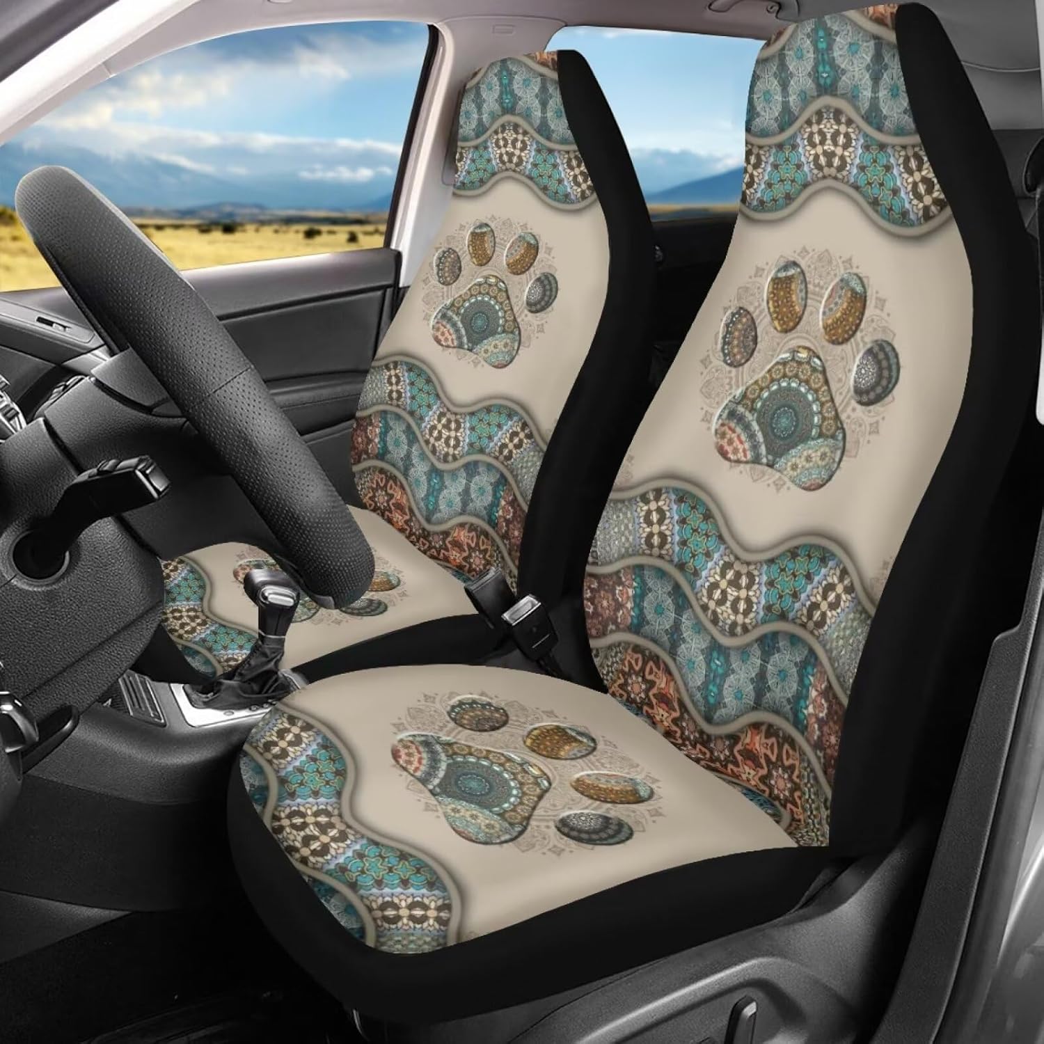 BIGCARJOB Boho Car Seat Covers Set for Front Only Boho Dog Paw Print Car Interior Accessories Cute Seat Protector for Cars Saddle Blanket,Fit Most Vehicle,Cars,Sedan