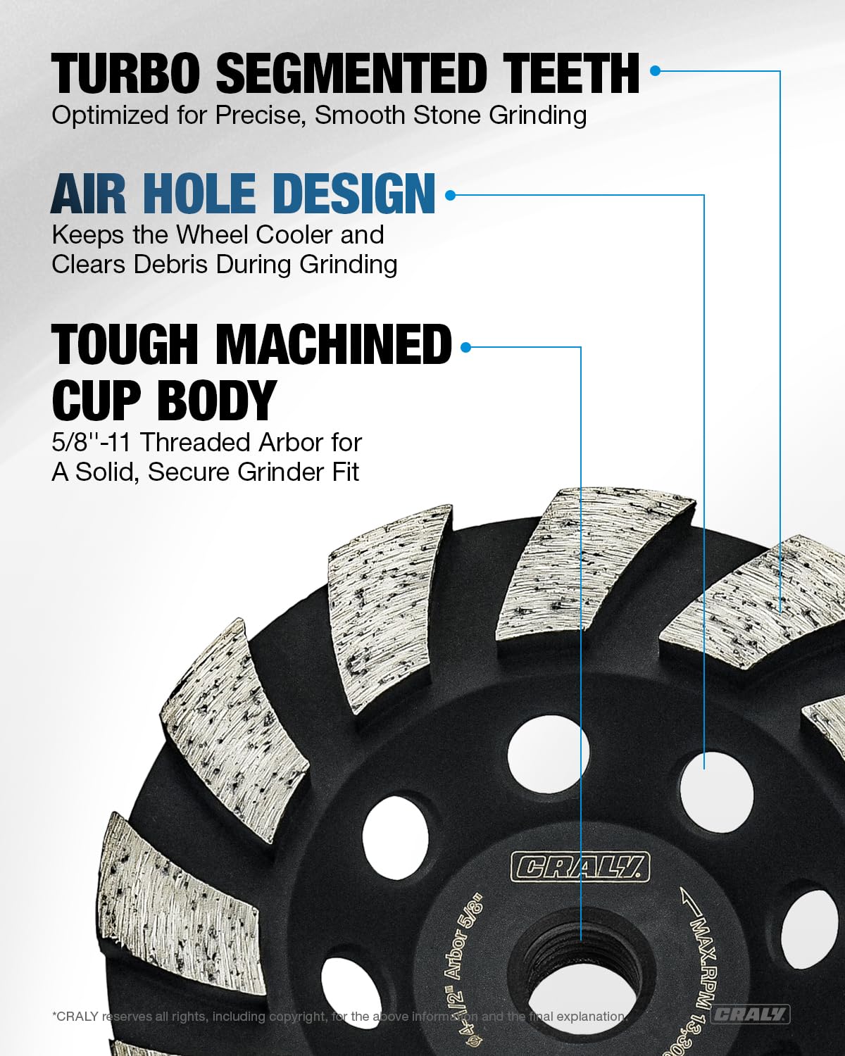 CRALY 4-1/2 Inch Concrete Grinding Wheel for Angle Grinder, 5/8''-11 Threaded Arbor Turbo Diamond Cup Grinding Wheel for Marble, Stone, Granite, Masonry, Cement Surface Polishing, Cleaning & Removal - Image 3