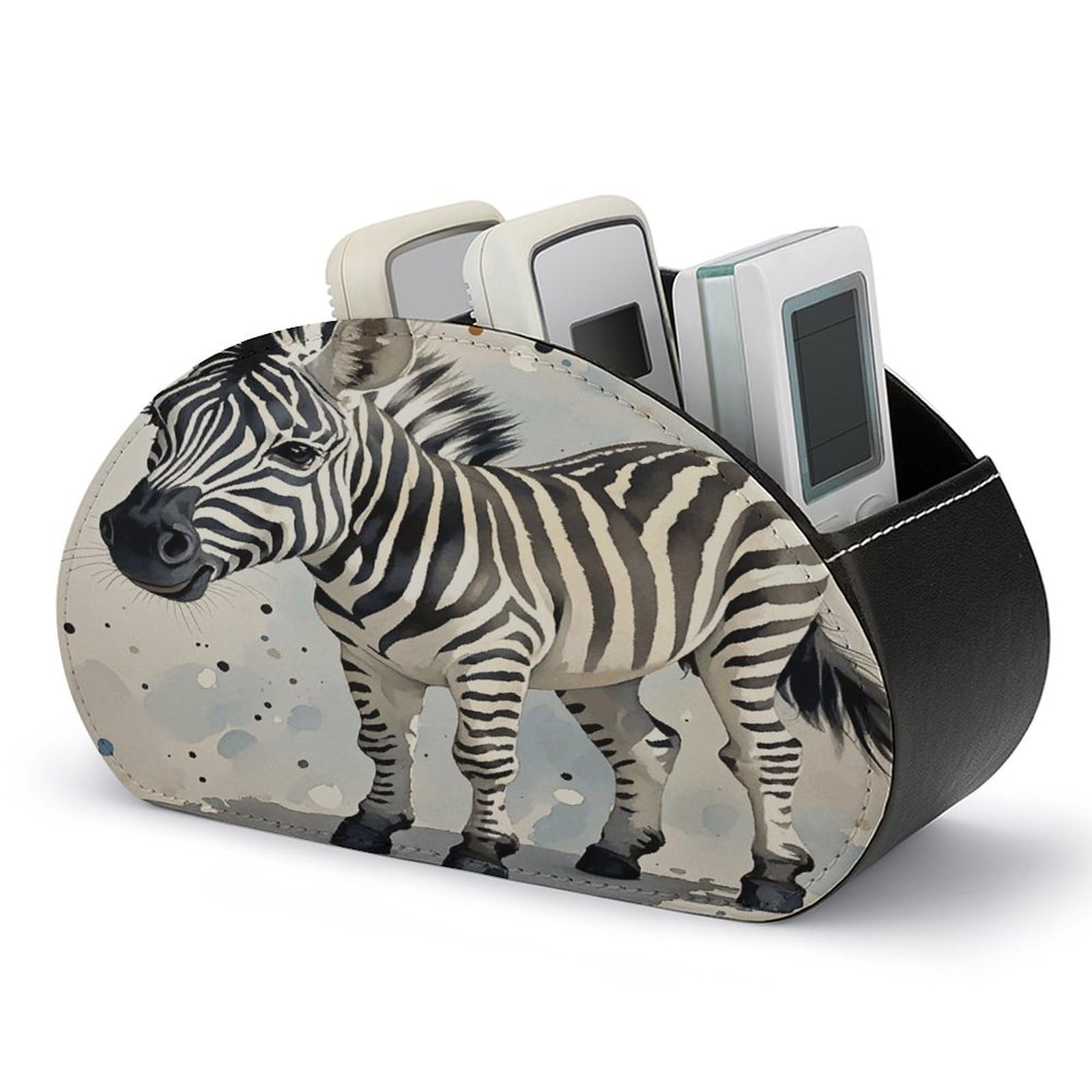 FekiLoot Cute Zebra Watercolor TV Remote Control Holder with 5 Compartments Multi-functional Leather Bedside Table Remote Caddy Desktop Storage Box for Store Pen Controller Media Player Cosmetic