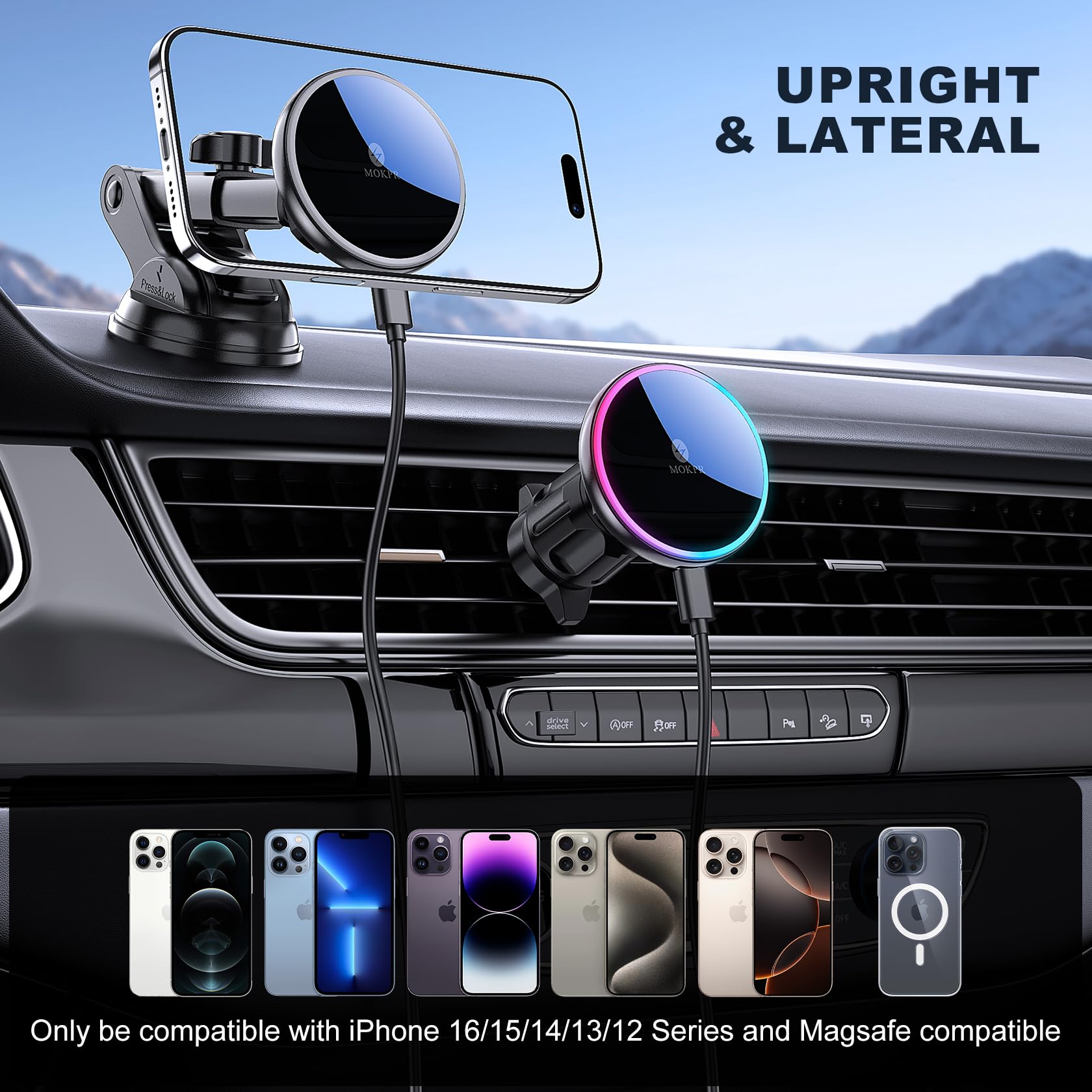 MOKPR für MagSafe Autohalterung mit Ladefunktion, 15W für Magsafe Autohalterung Ladefunktion Handyhalterung Auto Magnet mit Ladefunktion für iPhone 17/16/15/14/13/12