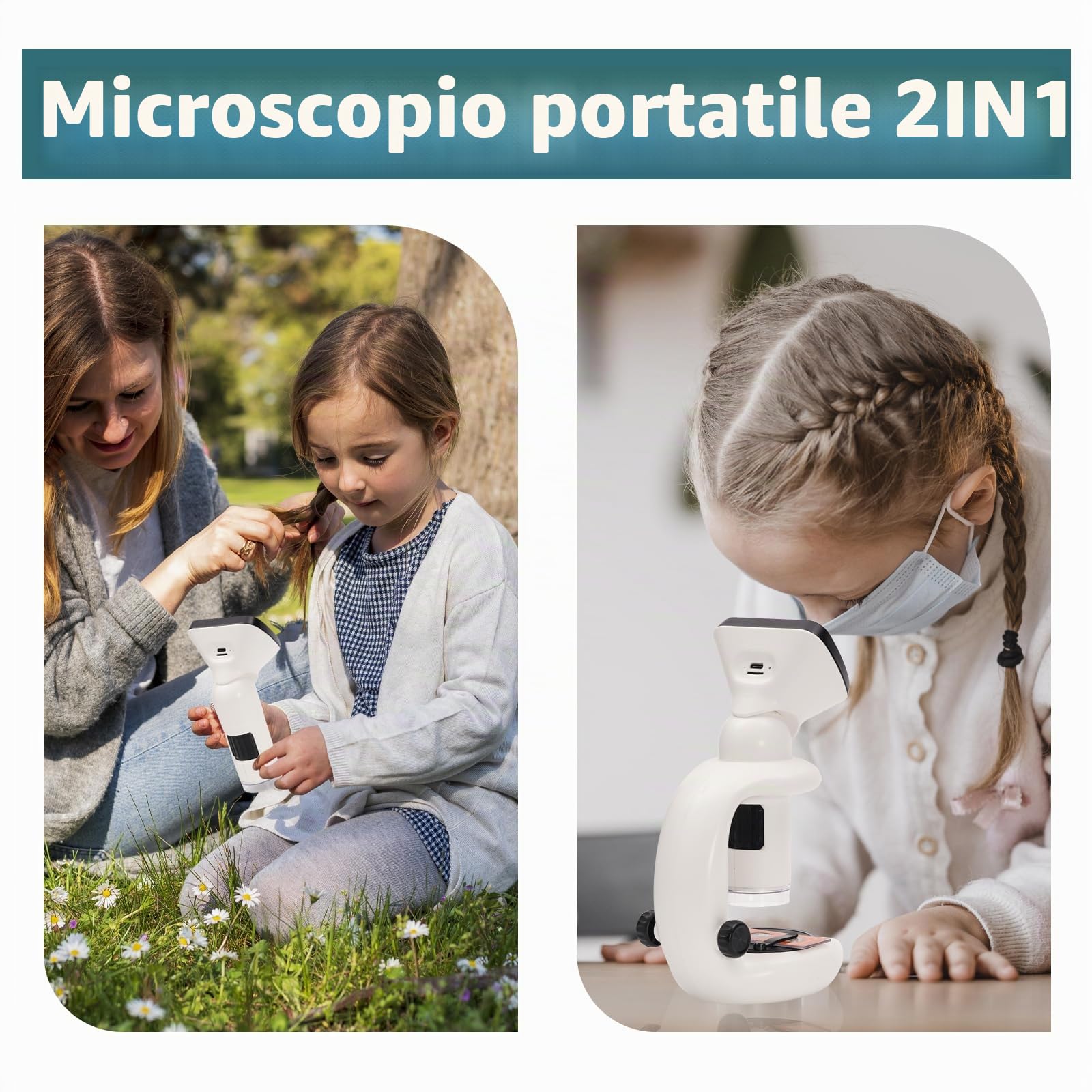 2in1 microscopio digitale bambini,microscope portatile bambini con display LCD da 2,4 pollici e ingrandimento 1000x. Set di esperimenti scientifici per children con vetrini microscopio
