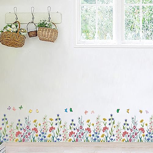 WOMHOPE Wall Corner Stickers Decals Floral Flowers Butterfly Grass Baseboard Skirting Line Removable Vinyl Peel Wall Art Decor for Bedroom Living