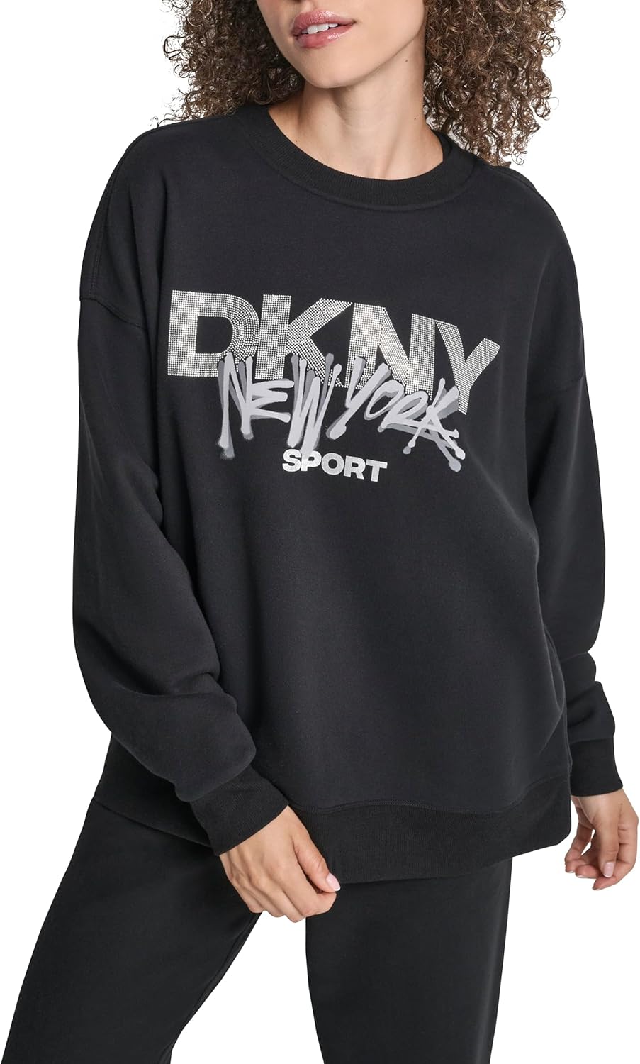 DKNY womens Blouson Sleeve Drop Shoulder Rhinestone Logo Graffiti Pullover Sweatshirt