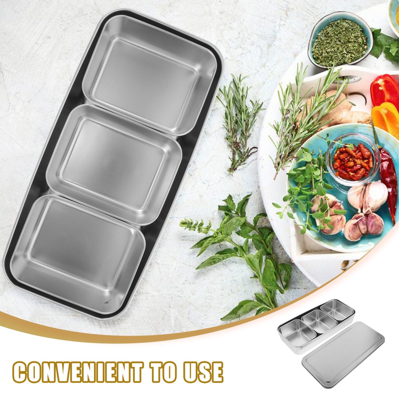 Boîte À Épices En Acier Inoxydable Avec Couvercle Hermétique Organisateur Compact À 3 Compartiments Pour Rangement Assaisonnement Cuisine Et Extérieur
