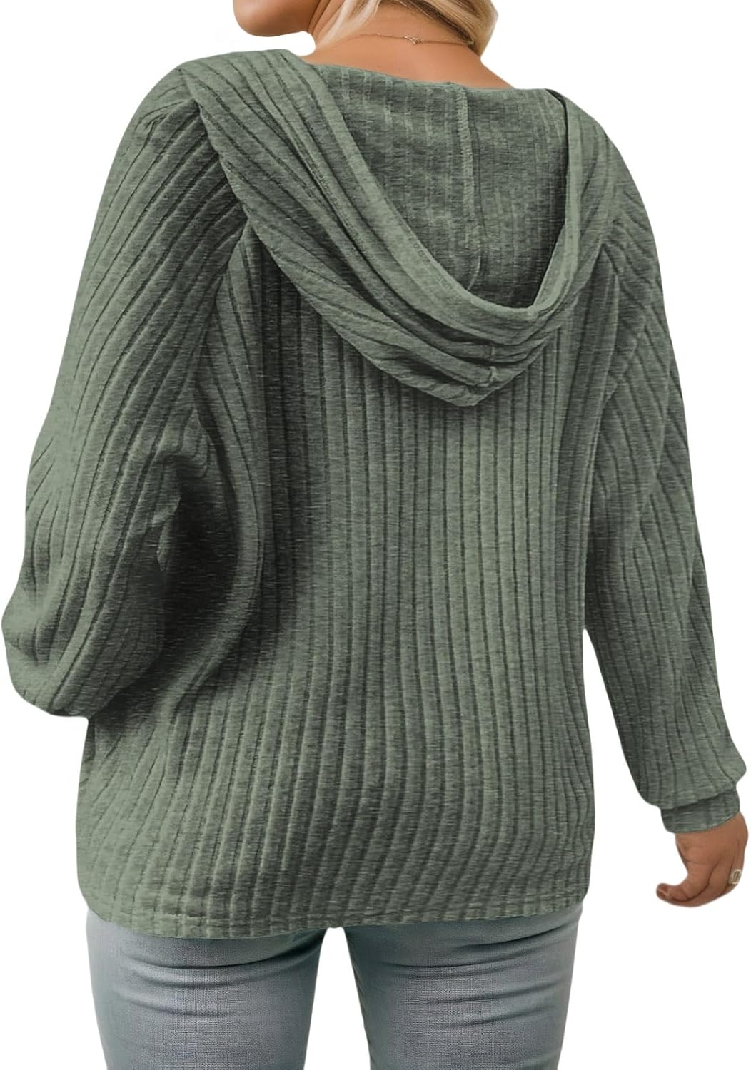 VISLILY Womens-Plus-Size-Hoodies Button V Neck Lightweight Knit Sweaters Casual Long Sleeve Tops Drawstring Hooded Sweatshirt - Image 3