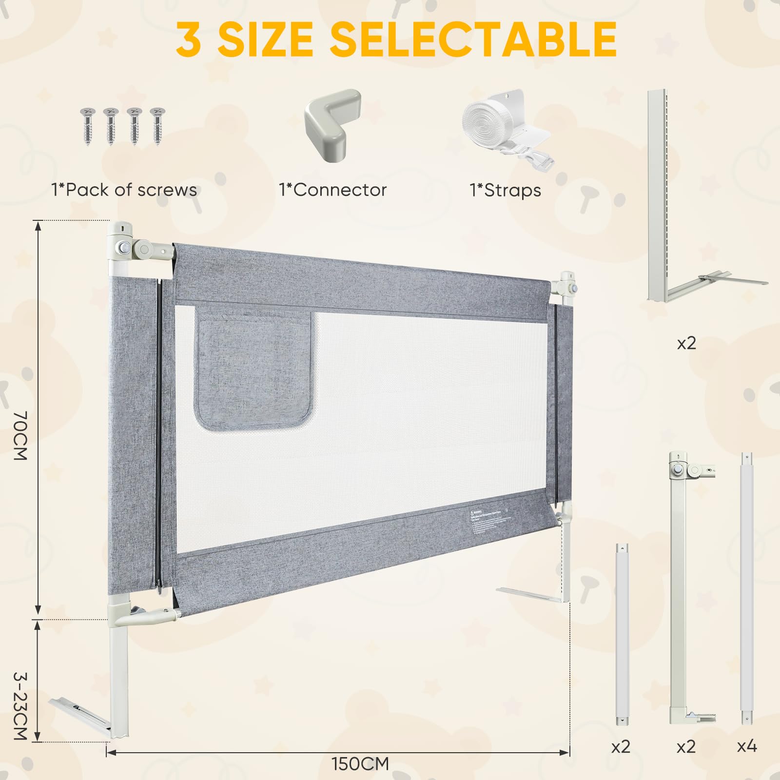 Sponde Letto Bambini，150 cm Barriera Letto Bambini，Sponda di Sicurezza per Bambini con Doppio Blocco di Sicurezza per Bambini, Altezza Regolabile，protezione da caduta，1PCS(Grigio)