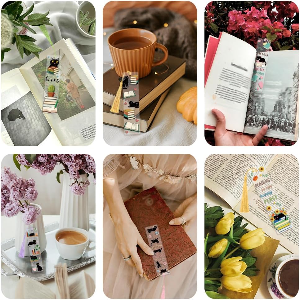 Peacoblue 121pcs Book and Cat with Plant UV DTF Acrylic Bookmark Making Kits Carft for Women Men Adult, DIY Cute Bookmarker Decal Stickers Warps Kit for Students Teachers Book Lovers Reading