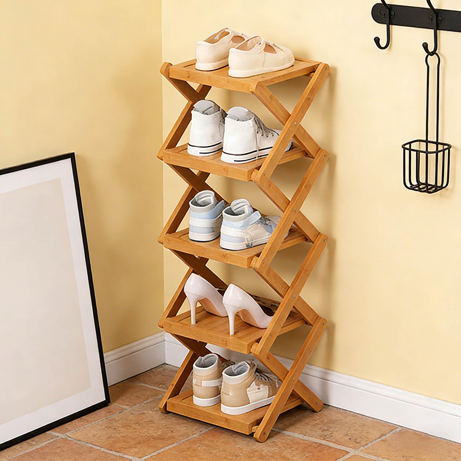 The 9-Tier No-Assembly Bamboo Rack, 2026 Upgraded Foldable 9 Tier Bamboo Corner Shoe Rack, Space-Saving Organizer for Shoes, No Assembly Narrow Shoe Shelf for Entryway Closet Dorm (Khaki-5 Layers)