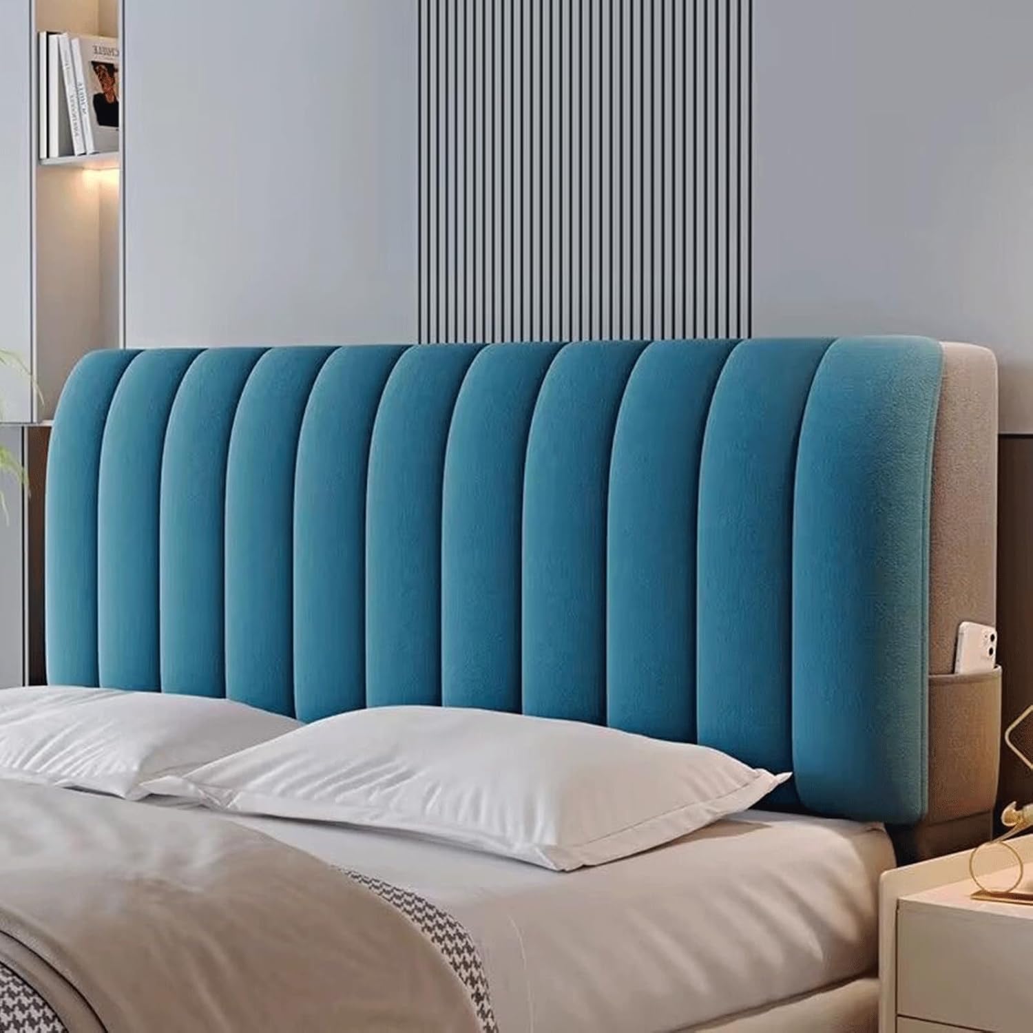 Crystal Velvet Bed Headboard Covers Short Plush Upholstered Stretch Bed Head Cover Bed Headboard Slipcover Double Single Queen King Head Board Dustproof Protector for Bedroom Décor(120cm,Blue)