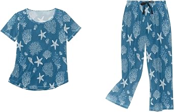 Womens Comfy Chic 2 Pcs Loungewear Set,Casual Sleepwear Short Sleeve Tops & Capri Pants PJs Set with Pockets S-XXL