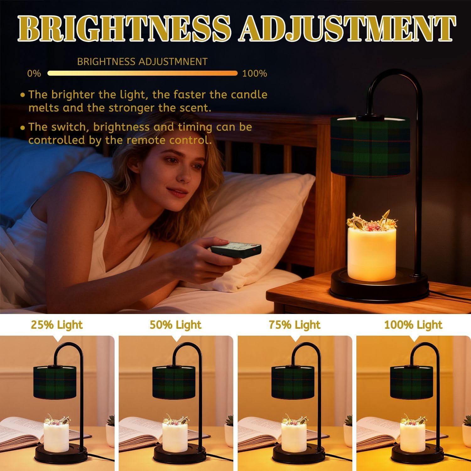 Candle Warmer Lamp with Timer Dimmer, Dark Green red Tartan Plaid Scottish Fabric Close up Lamp Candle Warmer with 4 Bulbs for Jar Candles House Warming Women Gifts for Birthday Home Decor