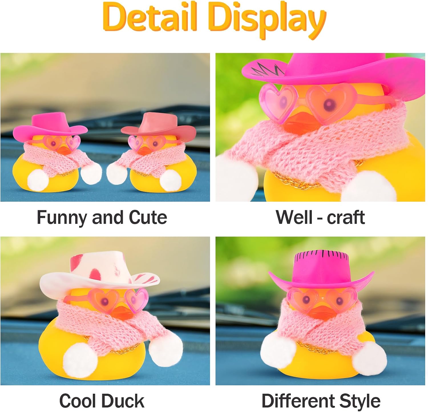 wonuu Cute Christmas Winter Rubber Duck with Pink Heart-Shaped Sunglasses Knit Scarf Cowboy Hat Gold Chain Necklace, Assemble Needed, Dot-Pink
